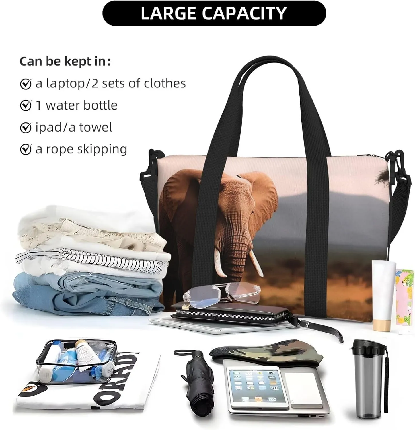 Sports Gym Bag for Women Men Travel Duffel Bag Tote Weekender Bag Carry on Overnight Bag for Travel Swimming Fitness Workout Sports Walking Elephant Duffle Bag
