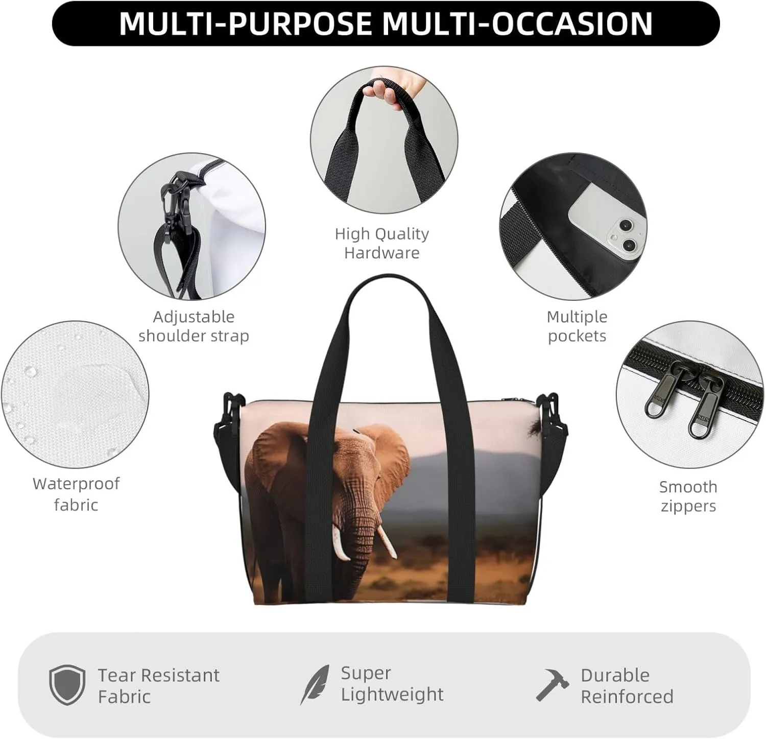 Sports Gym Bag for Women Men Travel Duffel Bag Tote Weekender Bag Carry on Overnight Bag for Travel Swimming Fitness Workout Sports Walking Elephant Duffle Bag