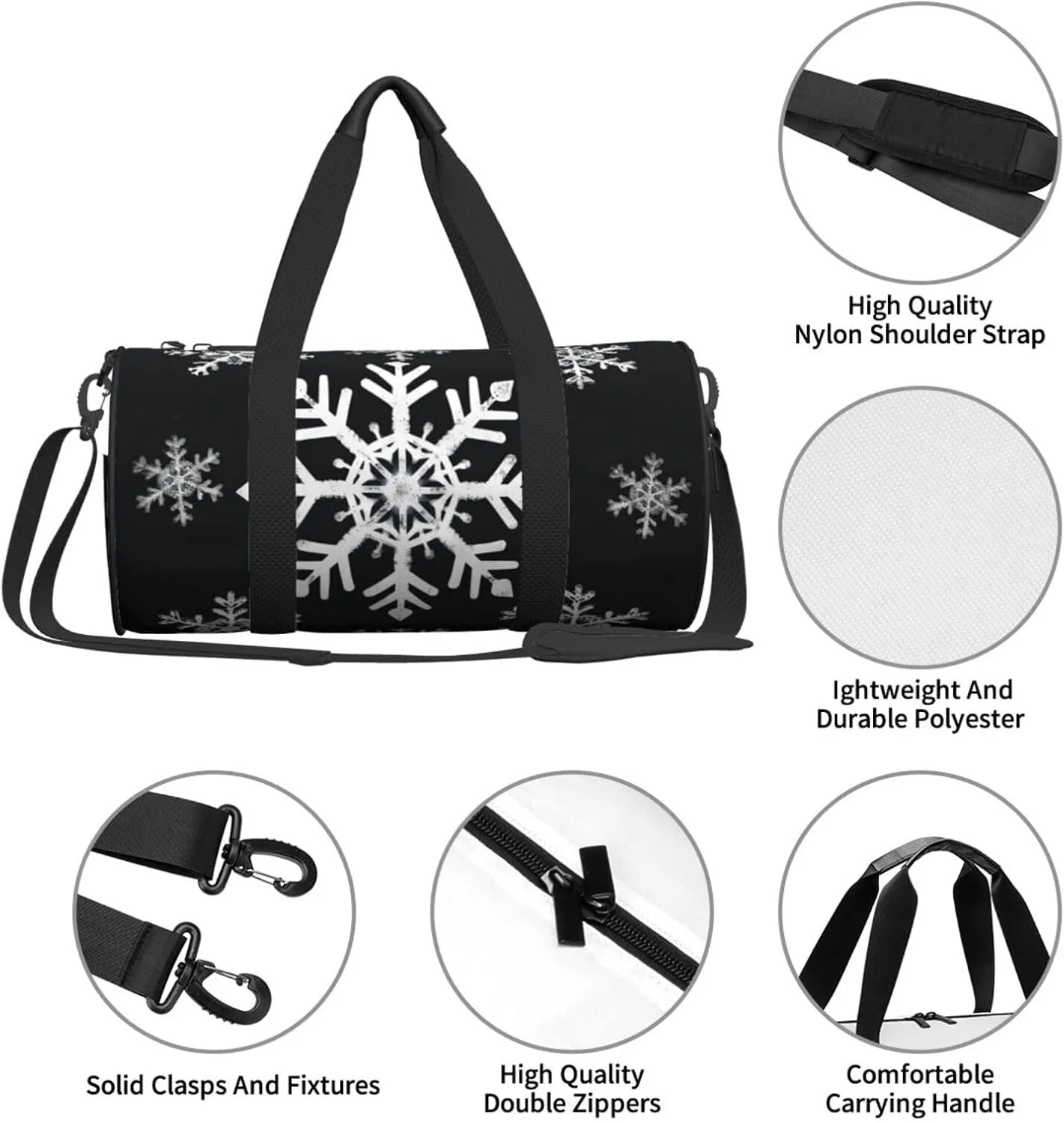 Sports Gym Bag for Women Men Travel Duffel Bag Tote Weekender Bag Carry on Overnight Bag for Travel Swimming Fitness Workout Sports White Snowflake Duffle Bag