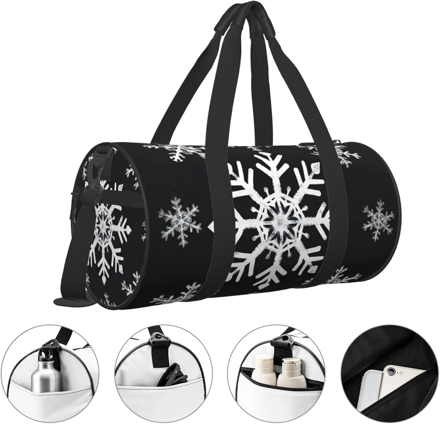 Sports Gym Bag for Women Men Travel Duffel Bag Tote Weekender Bag Carry on Overnight Bag for Travel Swimming Fitness Workout Sports White Snowflake Duffle Bag