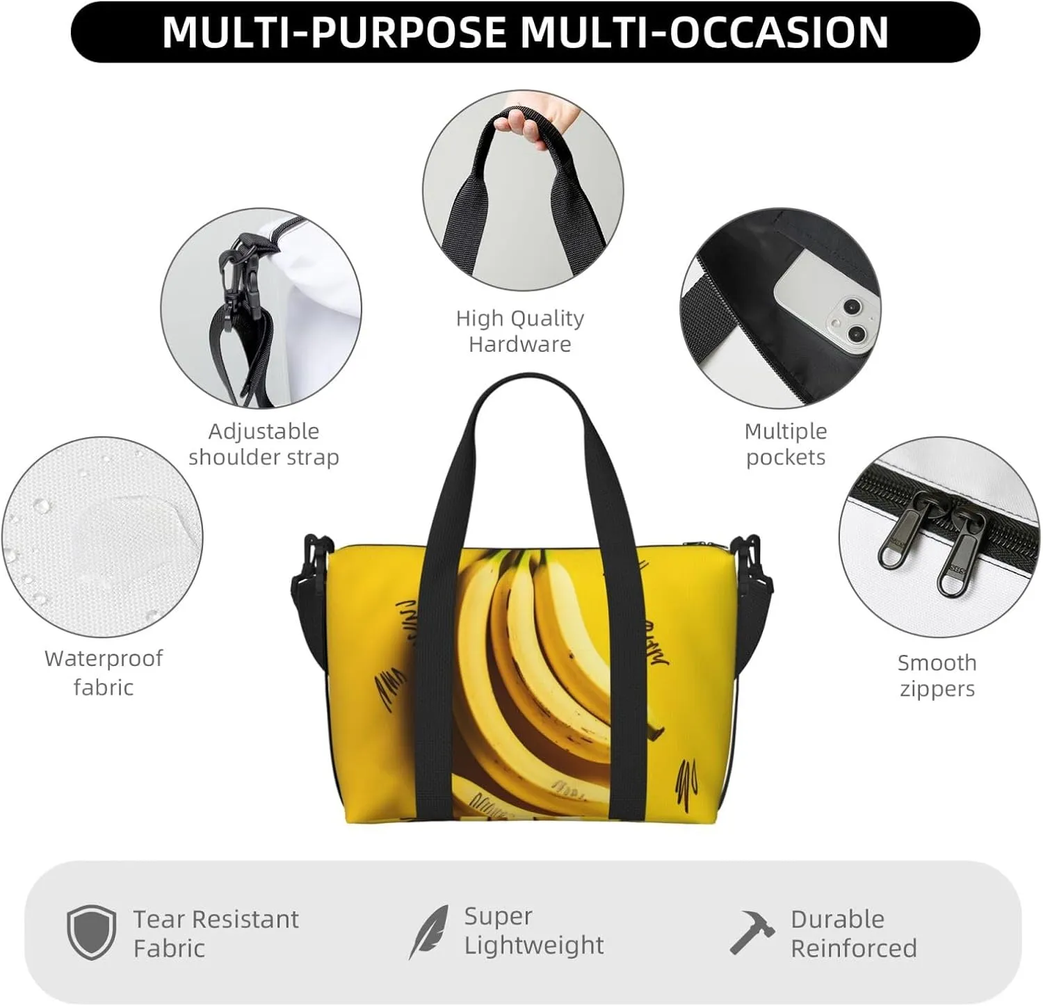 Sports Gym Bag for Women Men Travel Duffel Bag Tote Weekender Bag Carry on Overnight Bag for Travel Swimming Fitness Workout Sports Yellow Banana Duffle Bag