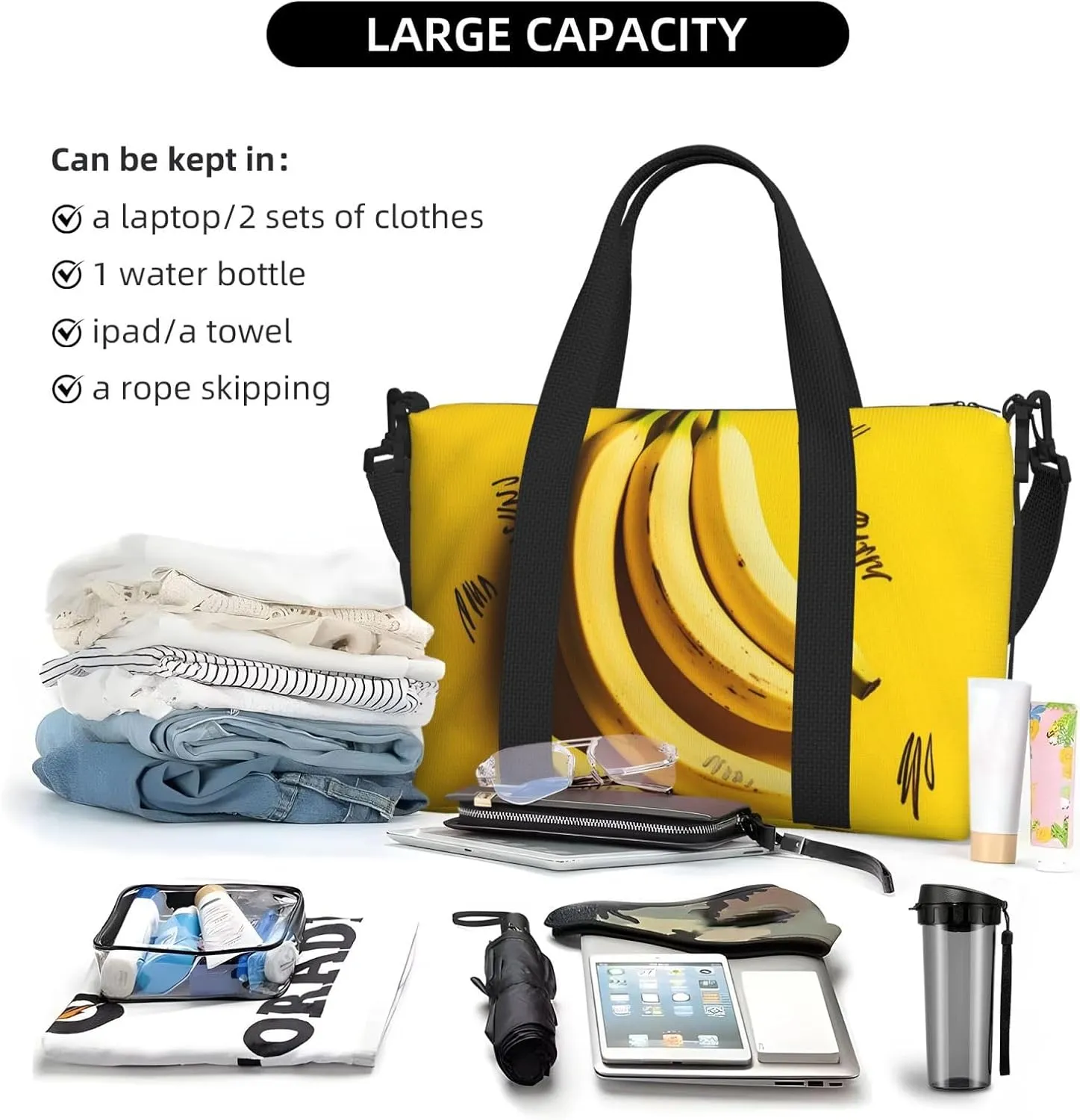 Sports Gym Bag for Women Men Travel Duffel Bag Tote Weekender Bag Carry on Overnight Bag for Travel Swimming Fitness Workout Sports Yellow Banana Duffle Bag