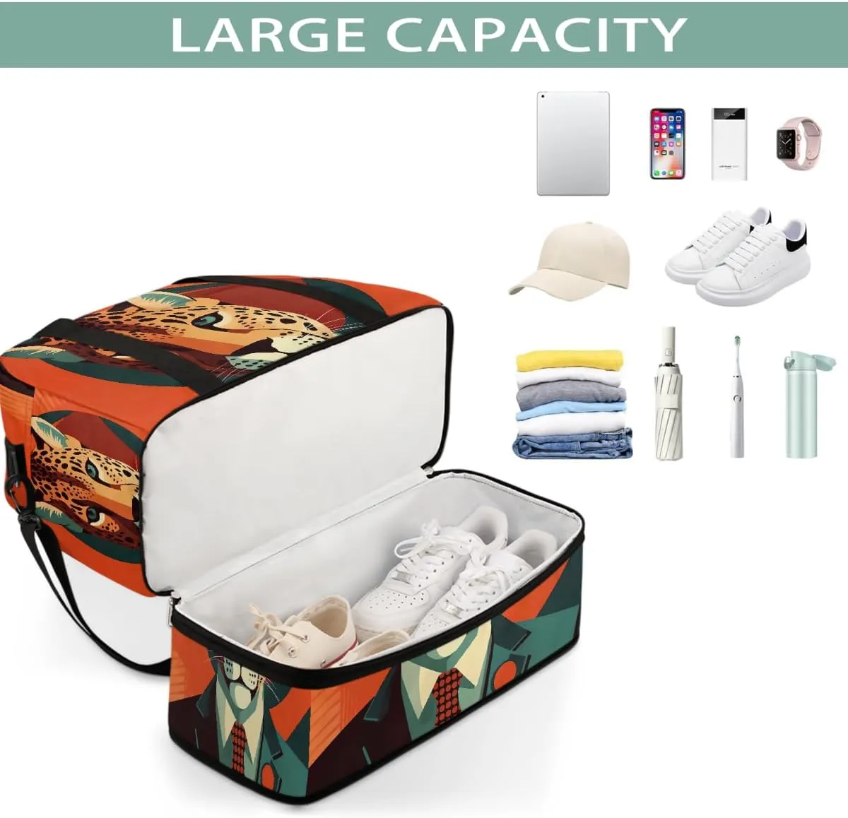 Sports Gym Bag Leopard Avatar Male Large Travel Duffel Bag With Shoe Compartment Foldable Waterproof Carry-On Weekend Travel Bags for Camping Overnight Yoga Hospital Travel Bags
