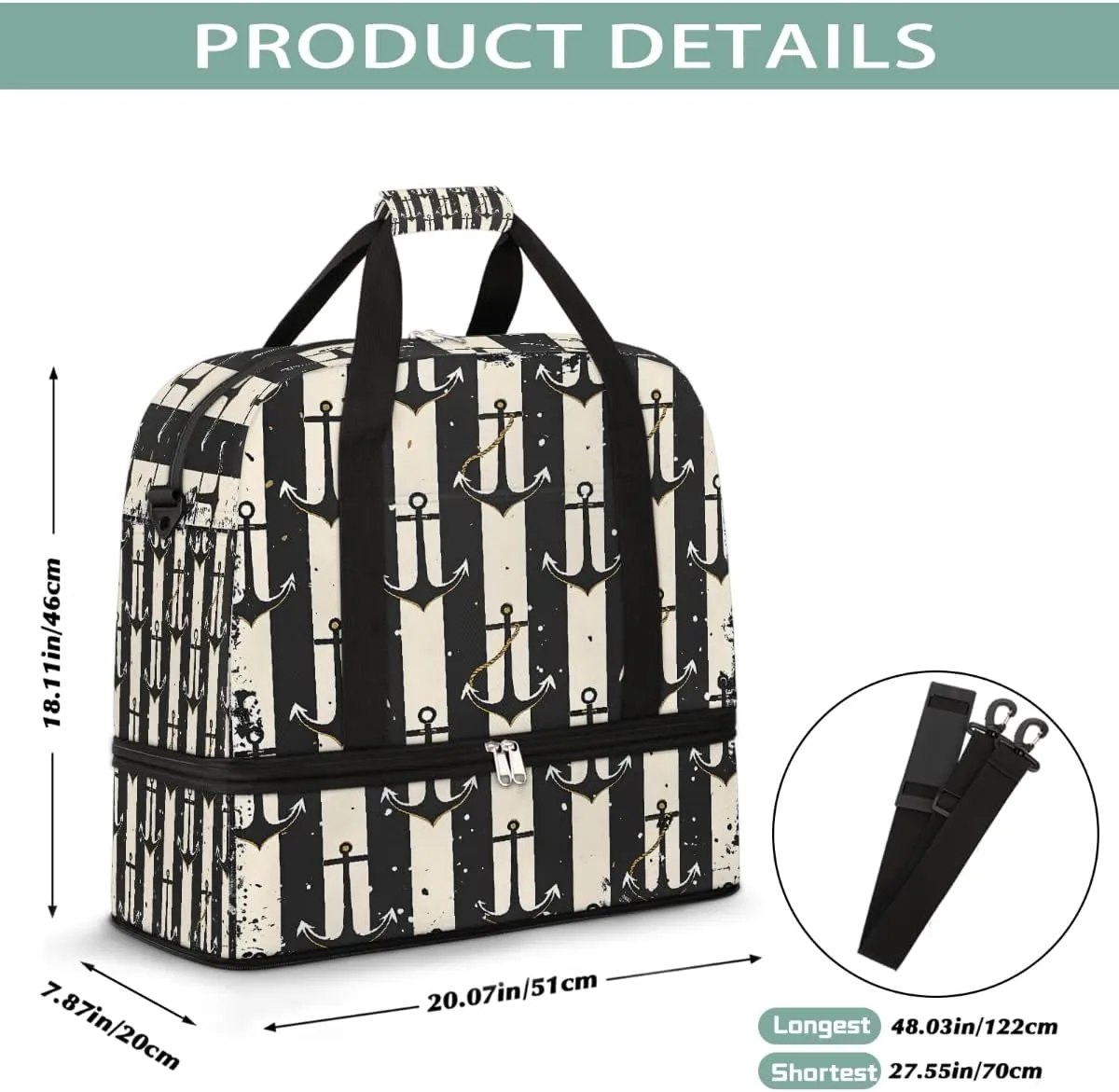 Sports Gym Bag Ocean Style Black And White Rectangle Large Travel Duffel Bag With Shoe Compartment Foldable Waterproof Carry-On Weekend Travel Bags for Camping Overnight Yoga Hospital Travel Bags