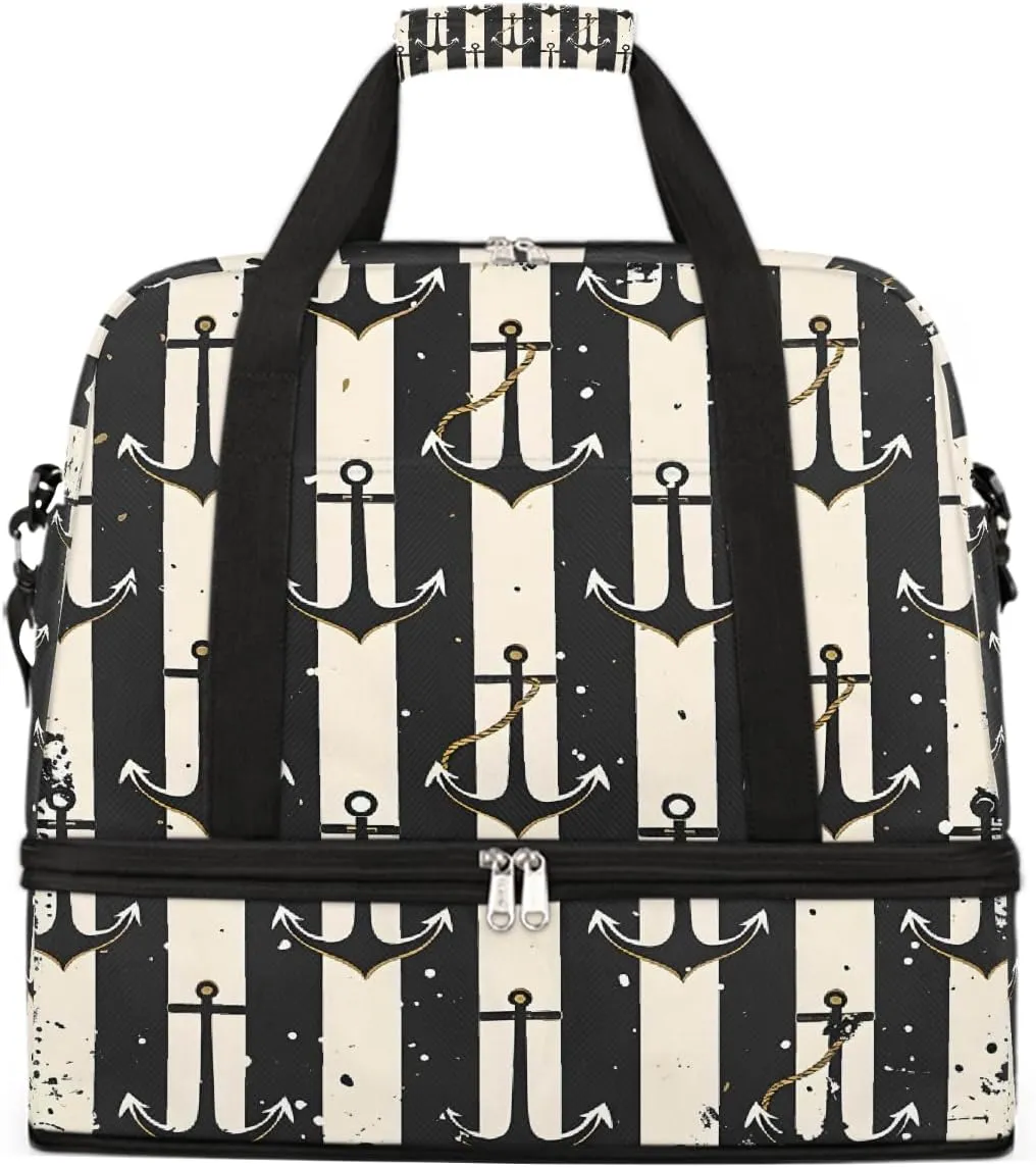 Sports Gym Bag Ocean Style Black And White Rectangle Large Travel Duffel Bag With Shoe Compartment Foldable Waterproof Carry-On Weekend Travel Bags for Camping Overnight Yoga Hospital Travel Bags