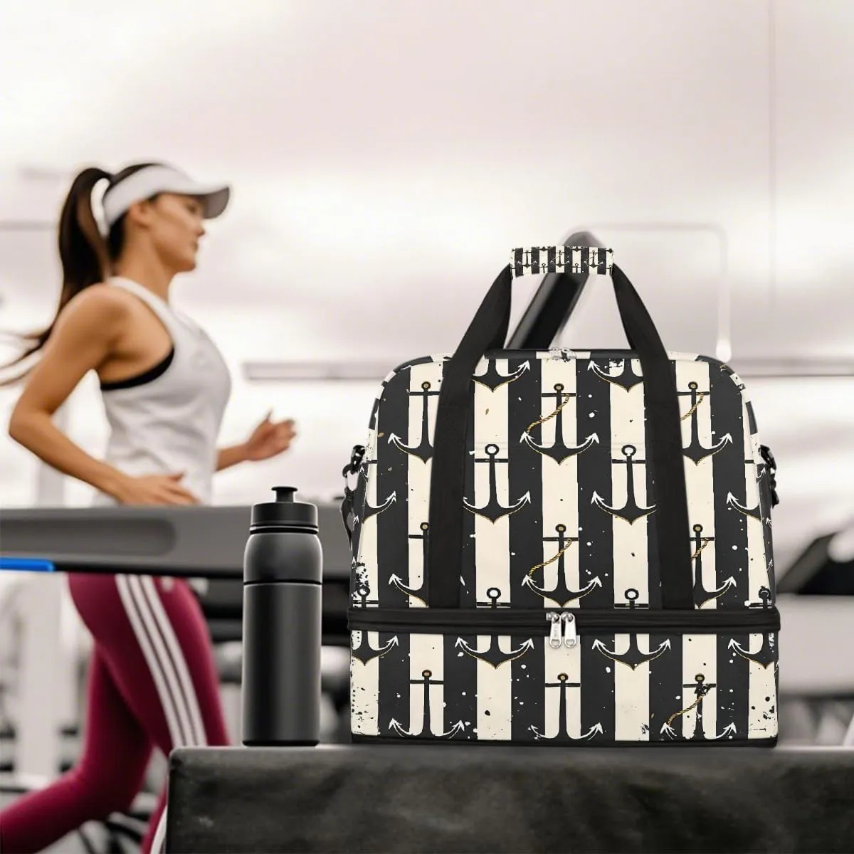 Sports Gym Bag Ocean Style Black And White Rectangle Large Travel Duffel Bag With Shoe Compartment Foldable Waterproof Carry-On Weekend Travel Bags for Camping Overnight Yoga Hospital Travel Bags