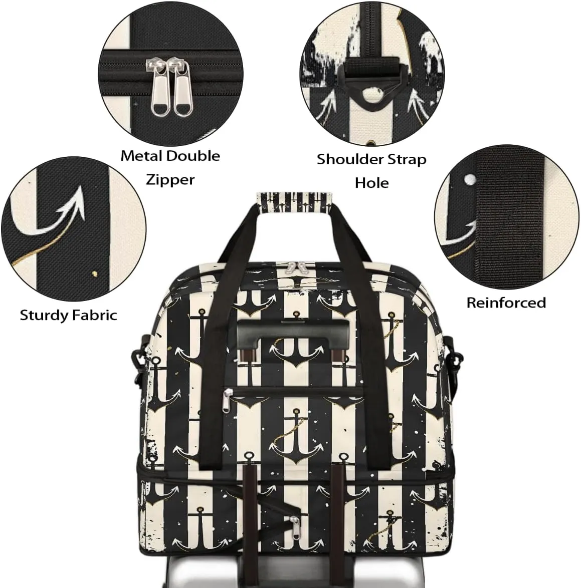 Sports Gym Bag Ocean Style Black And White Rectangle Large Travel Duffel Bag With Shoe Compartment Foldable Waterproof Carry-On Weekend Travel Bags for Camping Overnight Yoga Hospital Travel Bags