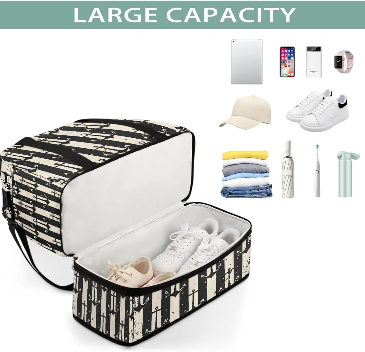 Sports Gym Bag Ocean Style Black And White Rectangle Large Travel Duffel Bag With Shoe Compartment Foldable Waterproof Carry-On Weekend Travel Bags for Camping Overnight Yoga Hospital Travel Bags
