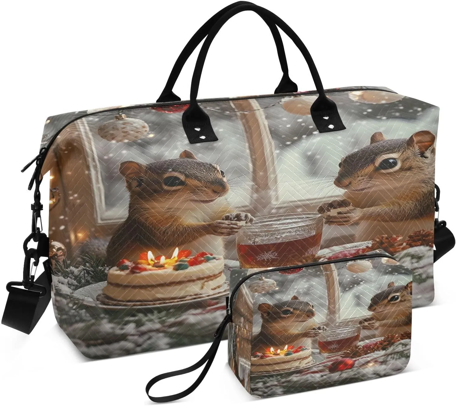 Squirrels Celebrate Christmas Travel Duffel Bags 2PCS,Sports Duffel Bags for Men Women,Weekender Overnight Bag Gym Tote Bag with Toiletry Bag
