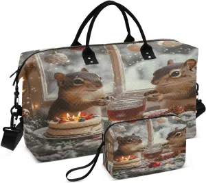 Squirrels Celebrate Christmas Travel Duffel Bags 2PCS,Sports Duffel Bags for Men Women,Weekender Overnight Bag Gym Tote Bag with Toiletry Bag