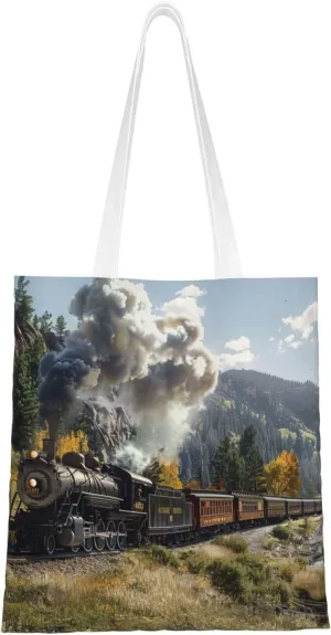 Steam Locomotive Pull Print Shopping Bag, Reusable Shopping Bag, Foldable Shoulder Bag for Shopper School Work Travel, Black, One Size, black, Einheitsgröße