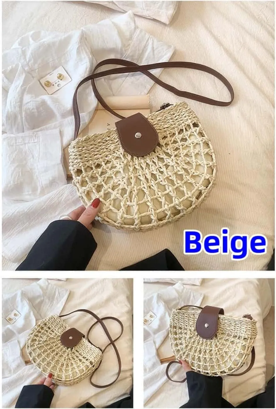Straw Crossbody Bags for Women Trendy Boho Semicircular Shape Hollow Out Bag Chic Elegant Summer Beach Vacation Outfit