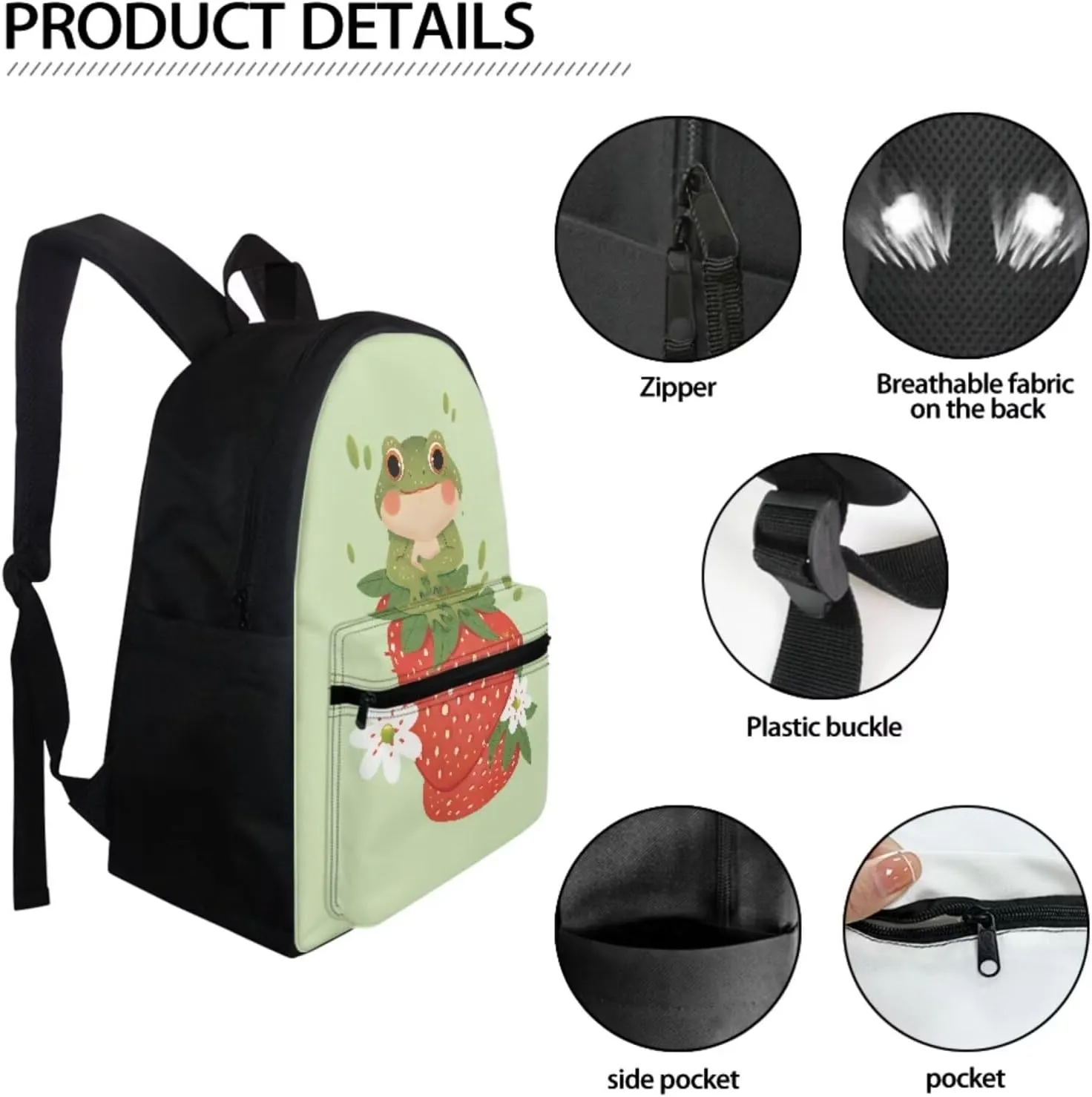 Strawberry Frog School Bags for Kids With Lunch Bag Pencil Case Cute Bookbag Elementary School Backpack for Girls Boys Ages 5-8/8-12 Primary Students Book Bags 3Rd/4Th/5Th/6Th Grade