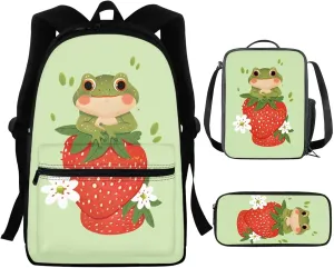 Strawberry Frog School Bags for Kids With Lunch Bag Pencil Case Cute Bookbag Elementary School Backpack for Girls Boys Ages 5-8/8-12 Primary Students Book Bags 3Rd/4Th/5Th/6Th Grade