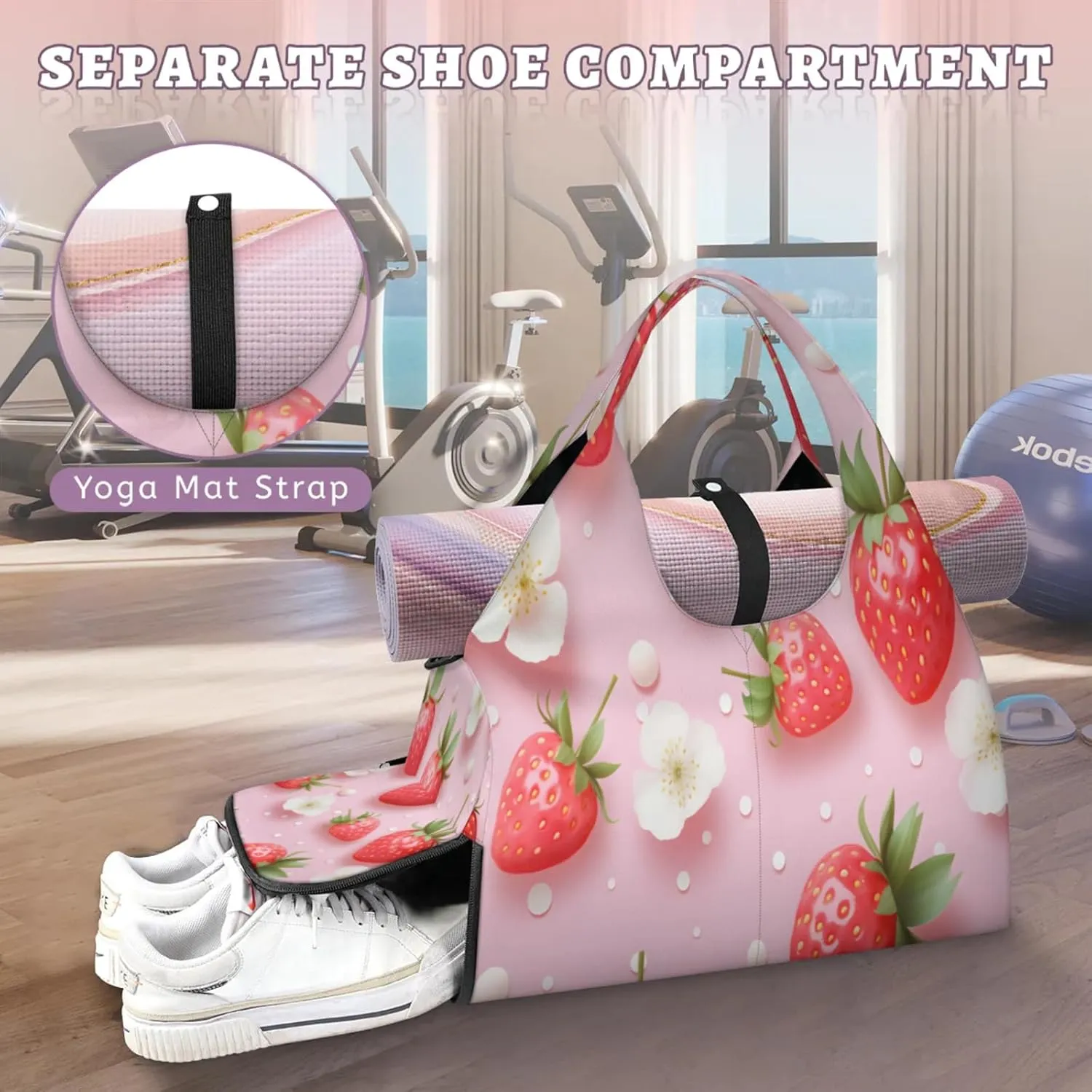 Strawberry Pink Beauty Waterproof Gym Bag for Men Women, Sports Duffel Bag with Shoe Compartment Yoga Mat Holder, Portable Large Travel Bag for Fitness, Camping, Weekend Trips
