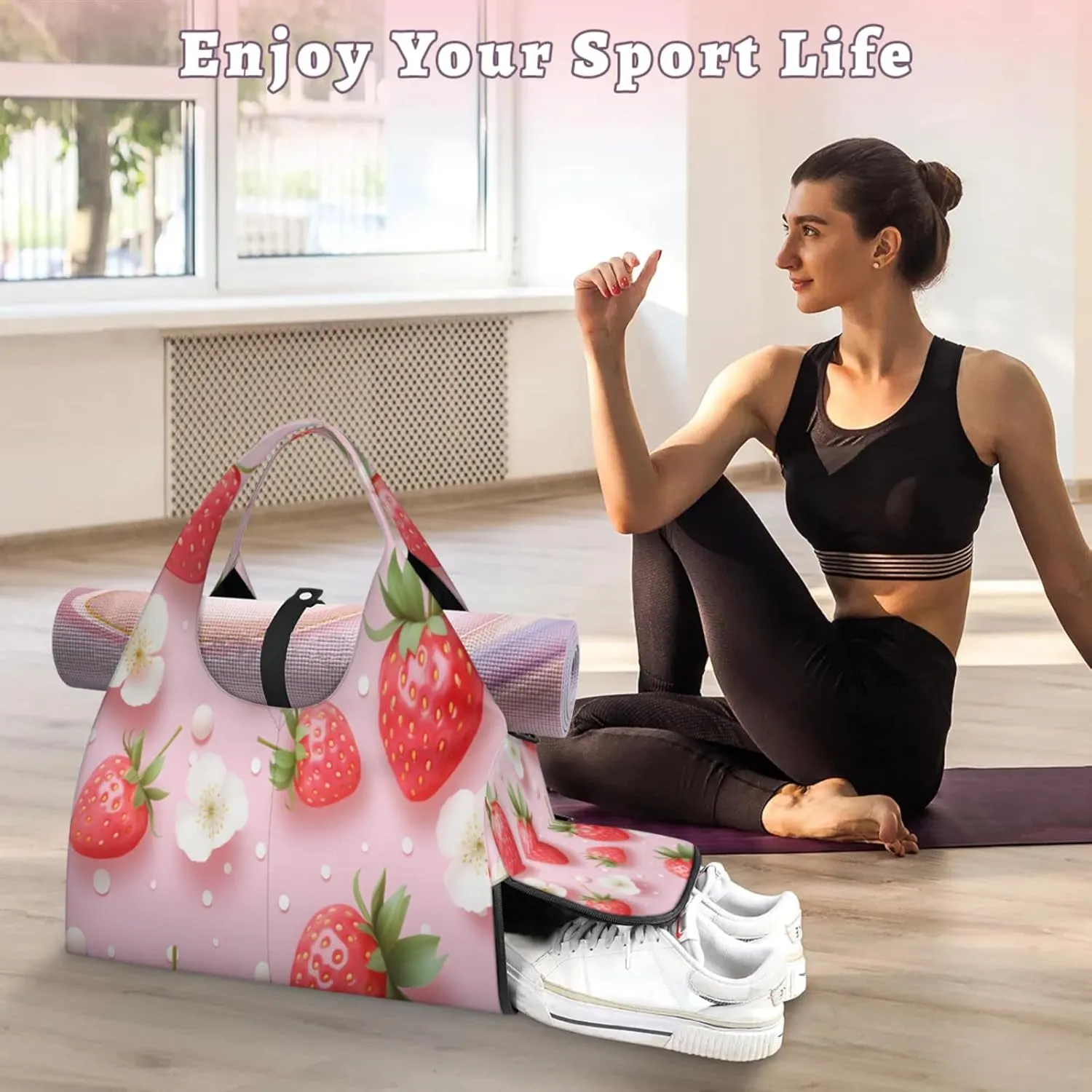 Strawberry Pink Beauty Waterproof Gym Bag for Men Women, Sports Duffel Bag with Shoe Compartment Yoga Mat Holder, Portable Large Travel Bag for Fitness, Camping, Weekend Trips