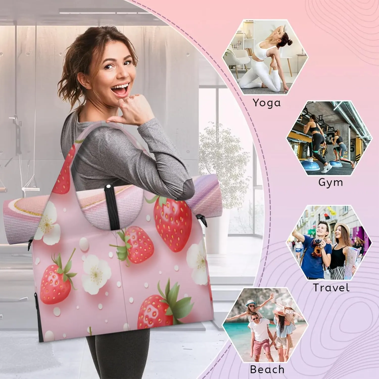 Strawberry Pink Beauty Waterproof Gym Bag for Men Women, Sports Duffel Bag with Shoe Compartment Yoga Mat Holder, Portable Large Travel Bag for Fitness, Camping, Weekend Trips