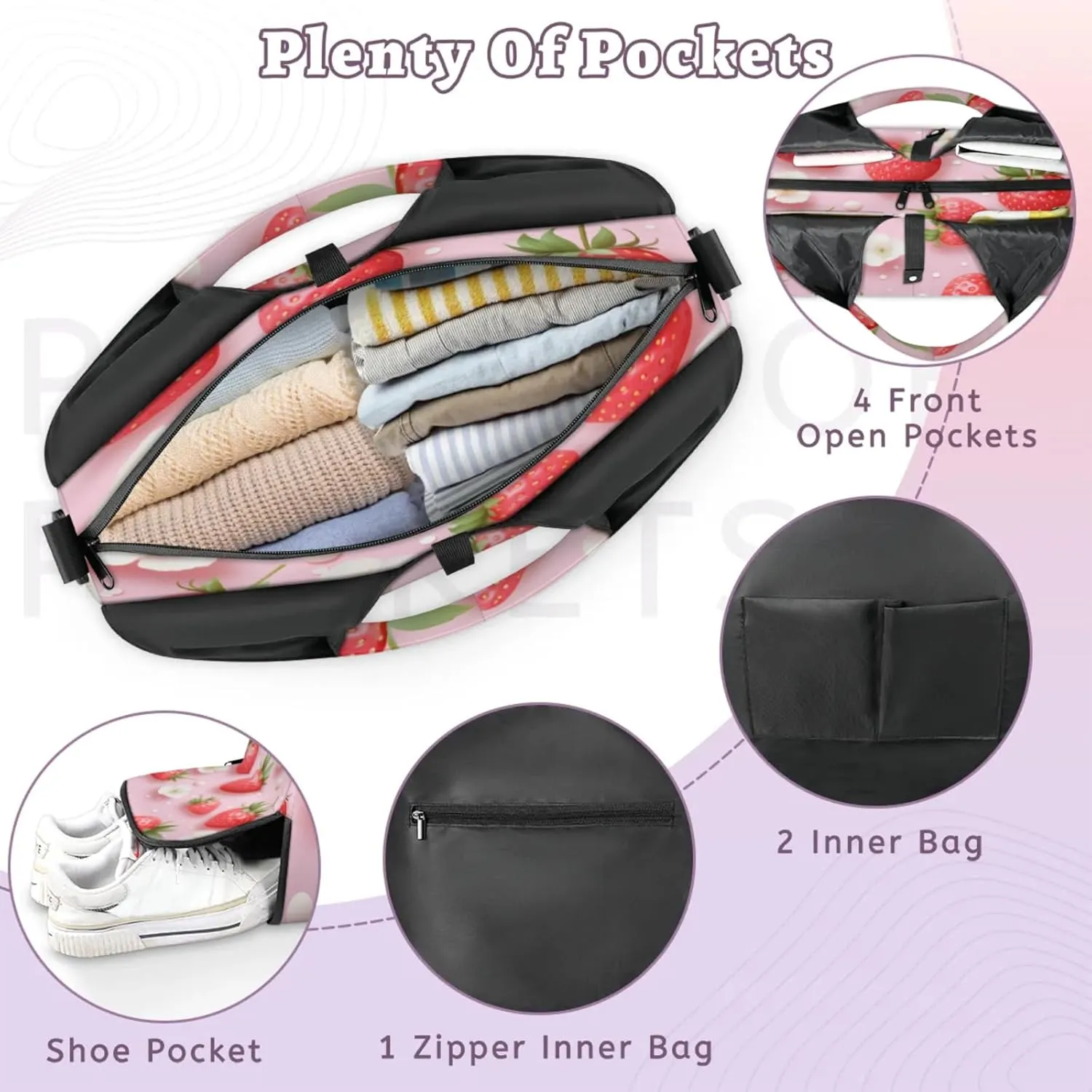 Strawberry Pink Beauty Waterproof Gym Bag for Men Women, Sports Duffel Bag with Shoe Compartment Yoga Mat Holder, Portable Large Travel Bag for Fitness, Camping, Weekend Trips