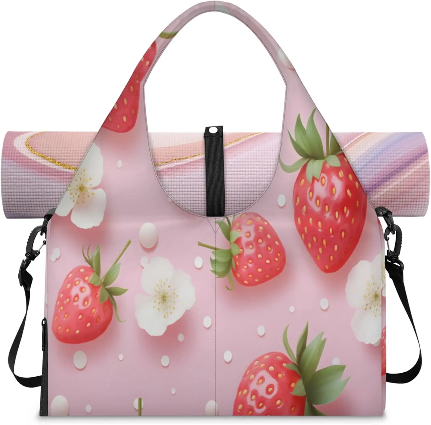 Strawberry Pink Beauty Waterproof Gym Bag for Men Women, Sports Duffel Bag with Shoe Compartment Yoga Mat Holder, Portable Large Travel Bag for Fitness, Camping, Weekend Trips