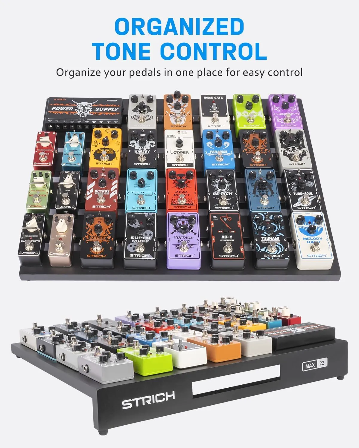 STRICH Guitar Pedal Board Extra Large Size, Aircraft Grade Aluminum 3.69lb Lightweight Pedalboard 22'' x 17.7'' Effect Pedals board with Carry Bag, MAX 22 (Angled)