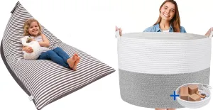 Stuffed Animal Storage Bundle - Stuffed Animal Bean Bag   XXXL Woven Basket for Blankets, Toys Grey and White Storage Bundle- Designer Storage for Modern Kids Room