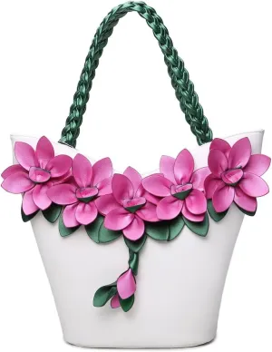 SUNROLAN Women's Shoulder Bag Handbag Tote Purse PU Leather Crossbody 3D Flower with Weave Handle Bags (White-2)