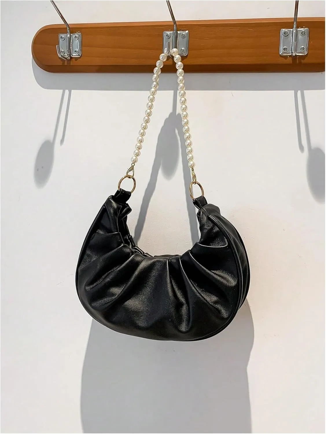 SweatyRocks Women's Elegant Clutch Purse Pearl Strap Shoulder Handbag Small Leather Ruched Bag