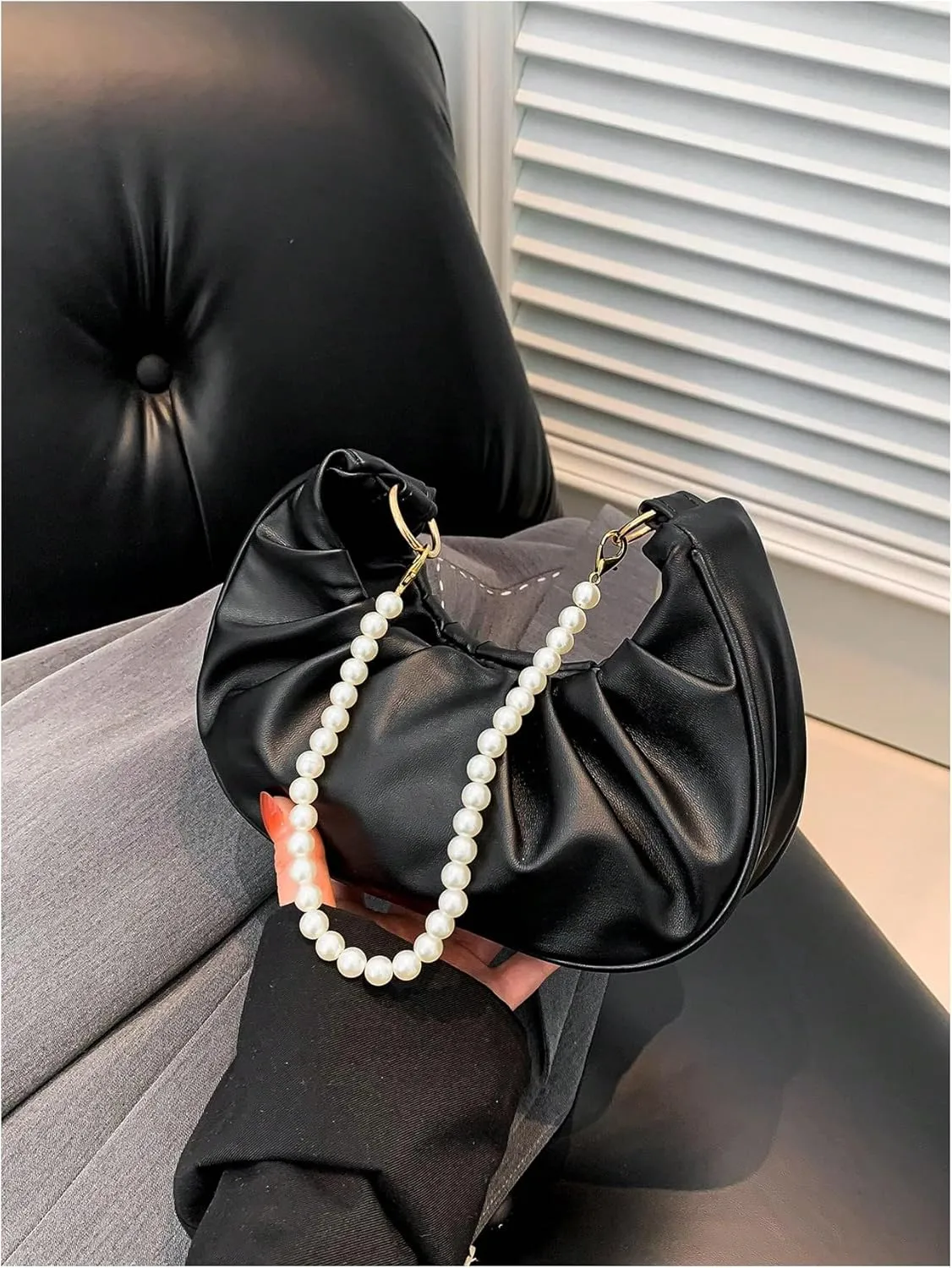 SweatyRocks Women's Elegant Clutch Purse Pearl Strap Shoulder Handbag Small Leather Ruched Bag