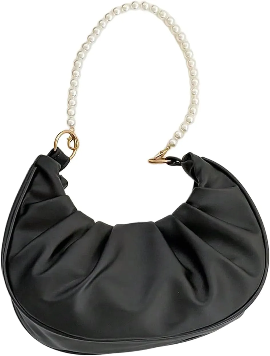 SweatyRocks Women's Elegant Clutch Purse Pearl Strap Shoulder Handbag Small Leather Ruched Bag