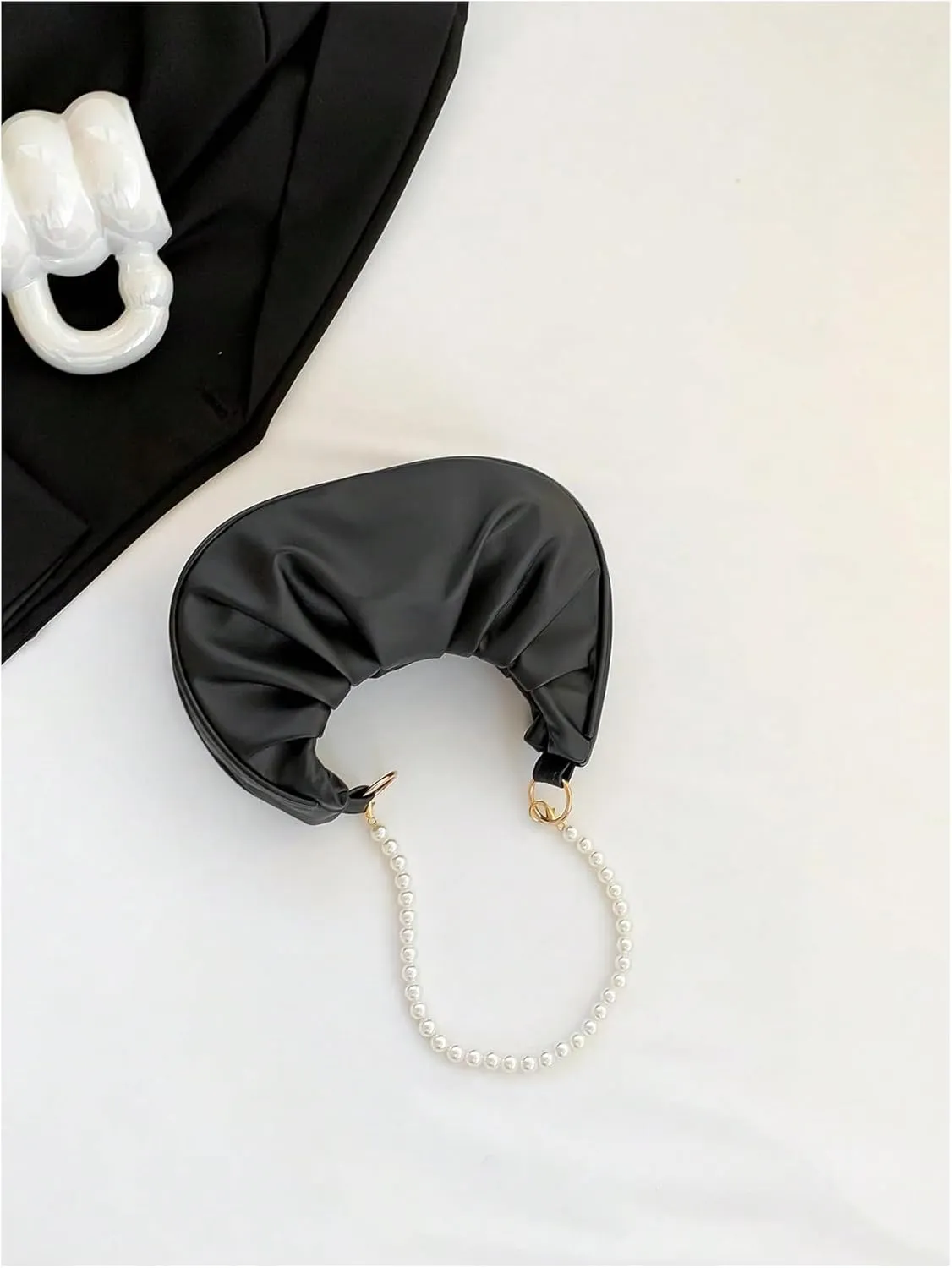 SweatyRocks Women's Elegant Clutch Purse Pearl Strap Shoulder Handbag Small Leather Ruched Bag