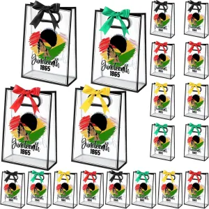 Sweetude 20 Pcs Happy Juneteenth Gift Bags with Die Cut Handles Clear Plastic Juneteenth Party Gift Bag with Ribbon for June 19th African American Independence Day Party Favor, 7 x 10 x 3.15 Inch