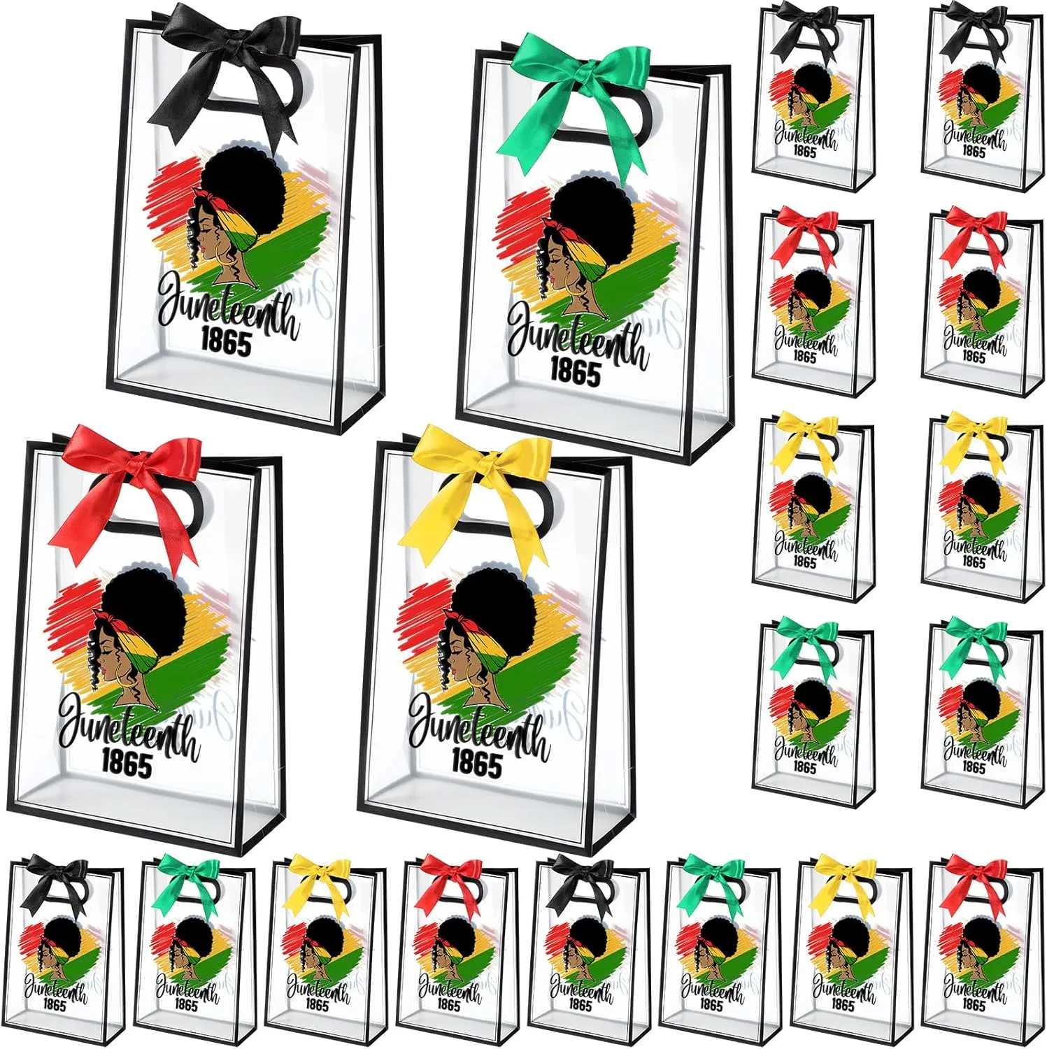 Sweetude 20 Pcs Happy Juneteenth Gift Bags with Die Cut Handles Clear Plastic Juneteenth Party Gift Bag with Ribbon for June 19th African American Independence Day Party Favor, 7 x 10 x 3.15 Inch