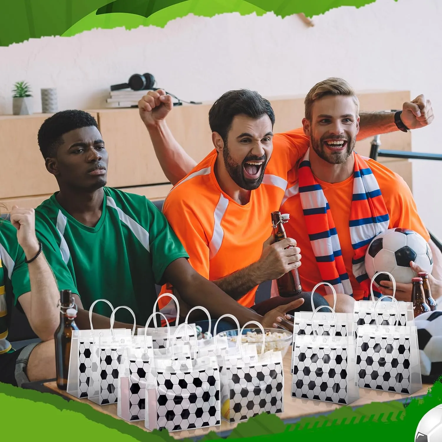 Sweetude 24 Pieces Soccer Gift Goodie Bags with Handles 8x8x3.15 Inch PVC White Soccer Theme Party Favor Clear Treat Bags Bulk for Sports Party Competition Team Birthday Gifts
