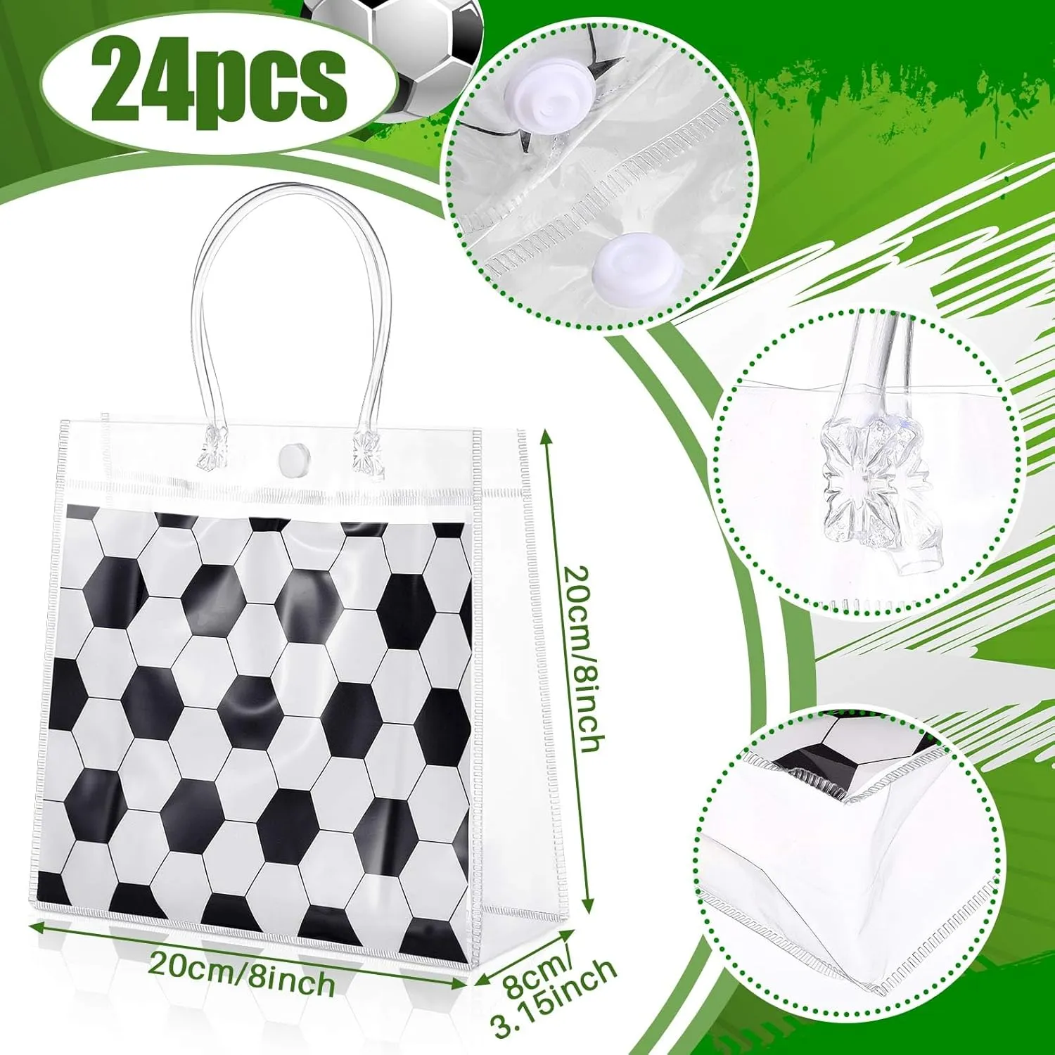 Sweetude 24 Pieces Soccer Gift Goodie Bags with Handles 8x8x3.15 Inch PVC White Soccer Theme Party Favor Clear Treat Bags Bulk for Sports Party Competition Team Birthday Gifts