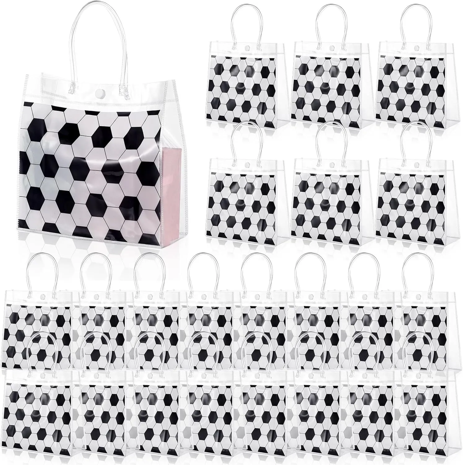 Sweetude 24 Pieces Soccer Gift Goodie Bags with Handles 8x8x3.15 Inch PVC White Soccer Theme Party Favor Clear Treat Bags Bulk for Sports Party Competition Team Birthday Gifts
