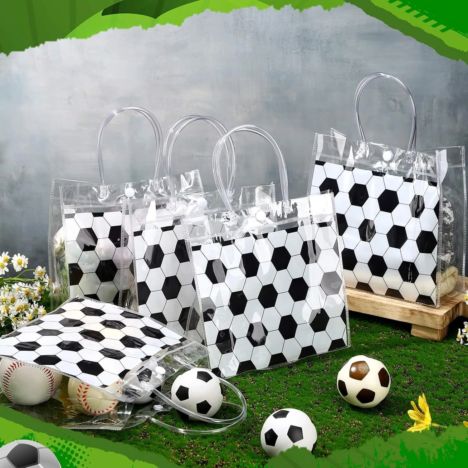 Sweetude 24 Pieces Soccer Gift Goodie Bags with Handles 8x8x3.15 Inch PVC White Soccer Theme Party Favor Clear Treat Bags Bulk for Sports Party Competition Team Birthday Gifts