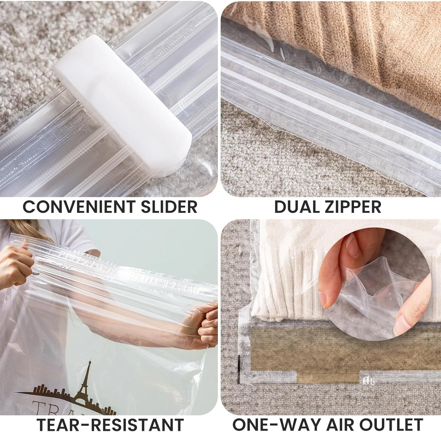 TAILI 15 Travel Compression Bags, Roll Up Space Saver Bags (5 Small 5 Medium 5 Large), Hand Roll Packing Storage Bags for Luggage, Suitcase and Cruises, No Pump or Vacuum Needed, Clear