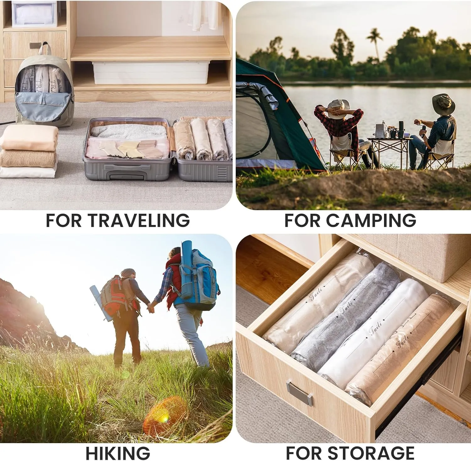 TAILI 15 Travel Compression Bags, Roll Up Space Saver Bags (5 Small 5 Medium 5 Large), Hand Roll Packing Storage Bags for Luggage, Suitcase and Cruises, No Pump or Vacuum Needed, Clear
