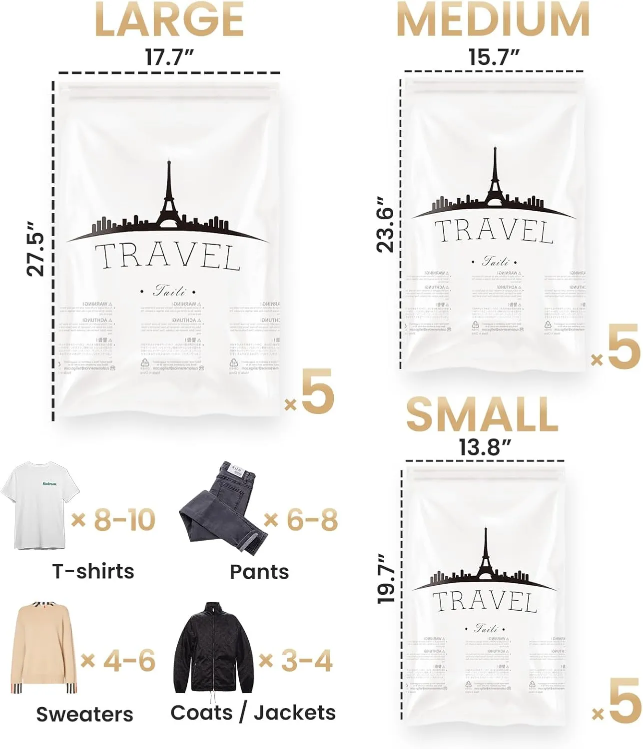 TAILI 15 Travel Compression Bags, Roll Up Space Saver Bags (5 Small 5 Medium 5 Large), Hand Roll Packing Storage Bags for Luggage, Suitcase and Cruises, No Pump or Vacuum Needed, Clear