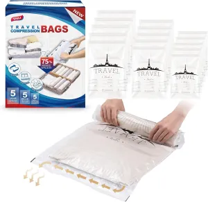 TAILI 15 Travel Compression Bags, Roll Up Space Saver Bags (5 Small 5 Medium 5 Large), Hand Roll Packing Storage Bags for Luggage, Suitcase and Cruises, No Pump or Vacuum Needed, Clear