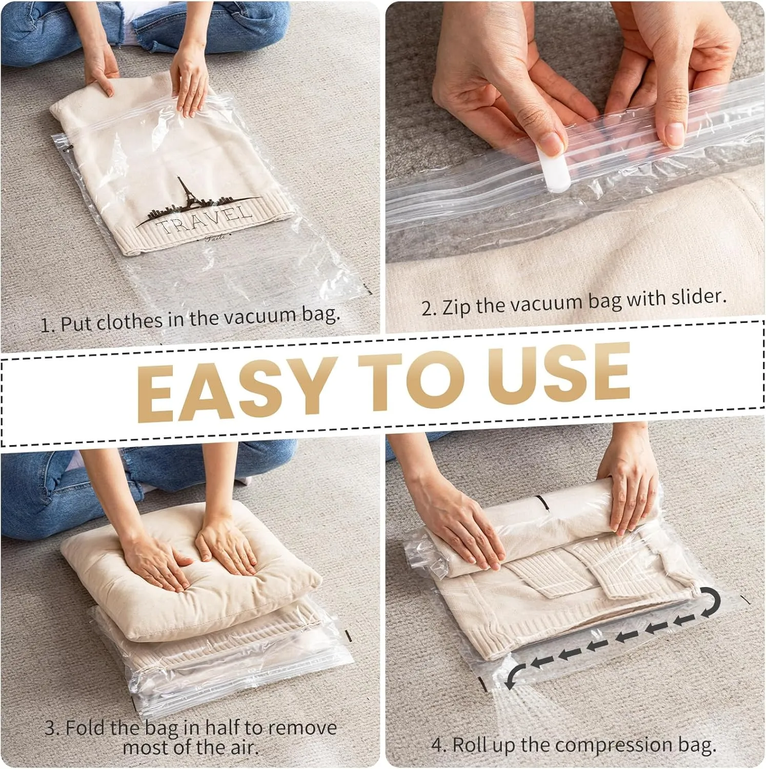 TAILI 15 Travel Compression Bags, Roll Up Space Saver Bags (5 Small 5 Medium 5 Large), Hand Roll Packing Storage Bags for Luggage, Suitcase and Cruises, No Pump or Vacuum Needed, Clear