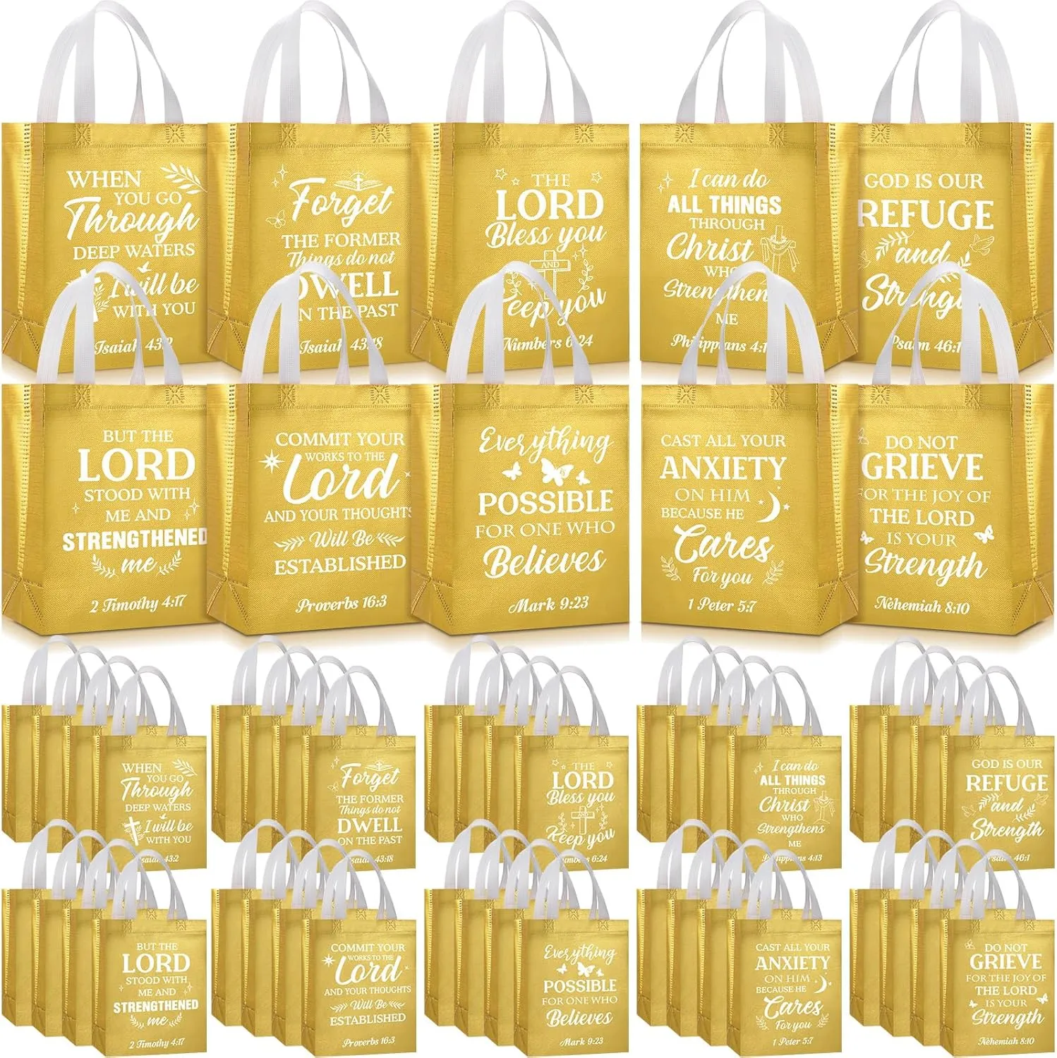 Talltalk 50 Pcs Christian Gift Bag Bulk Reusable Bible Verse Tote Religious Church Bags for Fathers Day Sunday School Gift(Gold,Medium)
