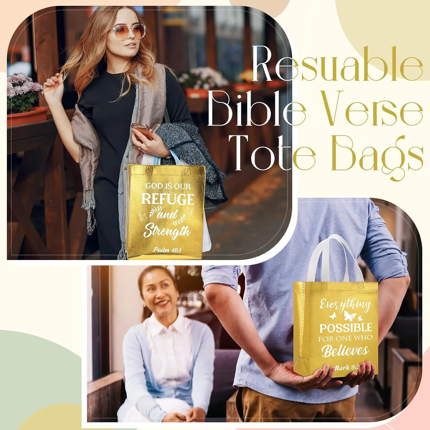 Talltalk 50 Pcs Christian Gift Bag Bulk Reusable Bible Verse Tote Religious Church Bags for Fathers Day Sunday School Gift(Gold,Medium)