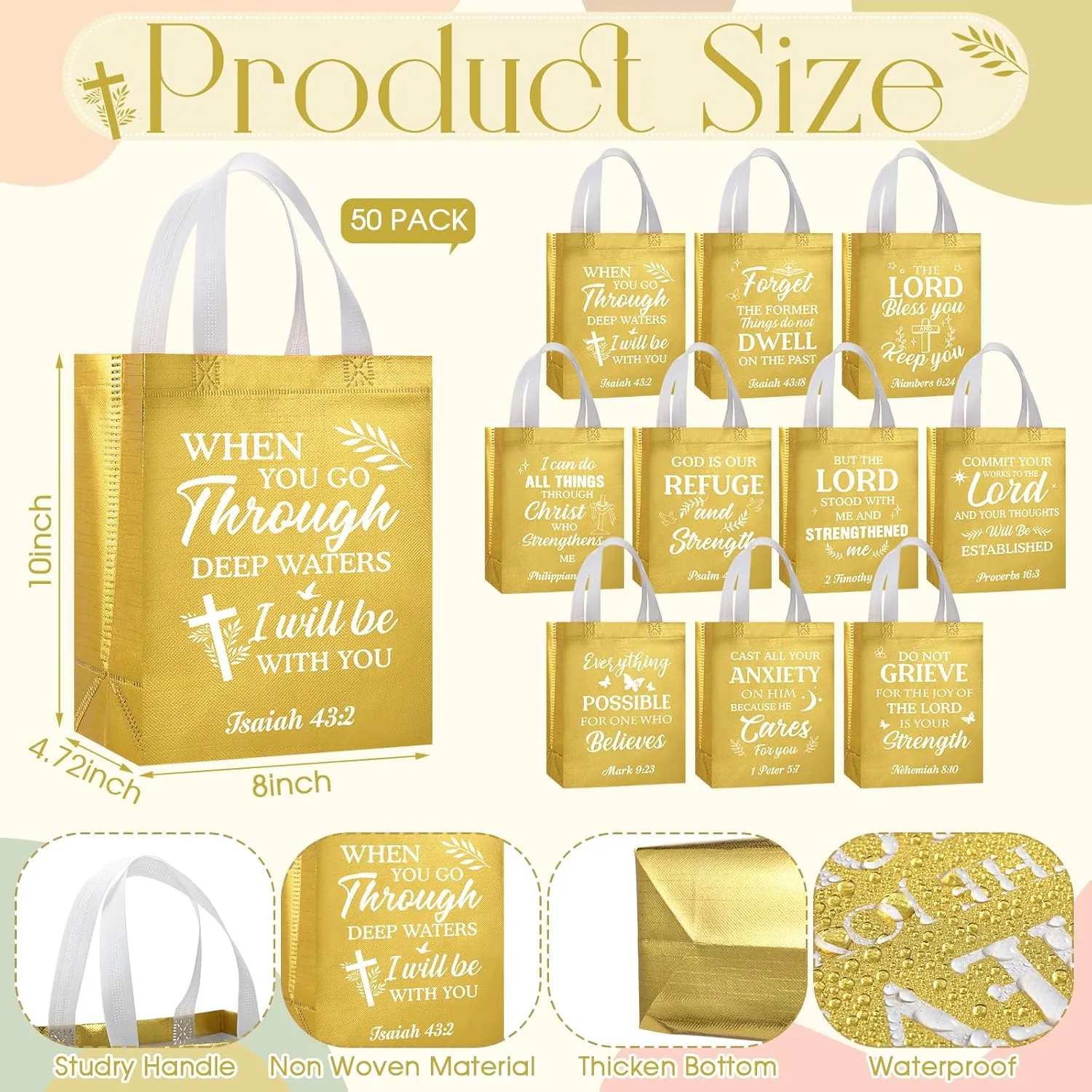 Talltalk 50 Pcs Christian Gift Bag Bulk Reusable Bible Verse Tote Religious Church Bags for Fathers Day Sunday School Gift(Gold,Medium)