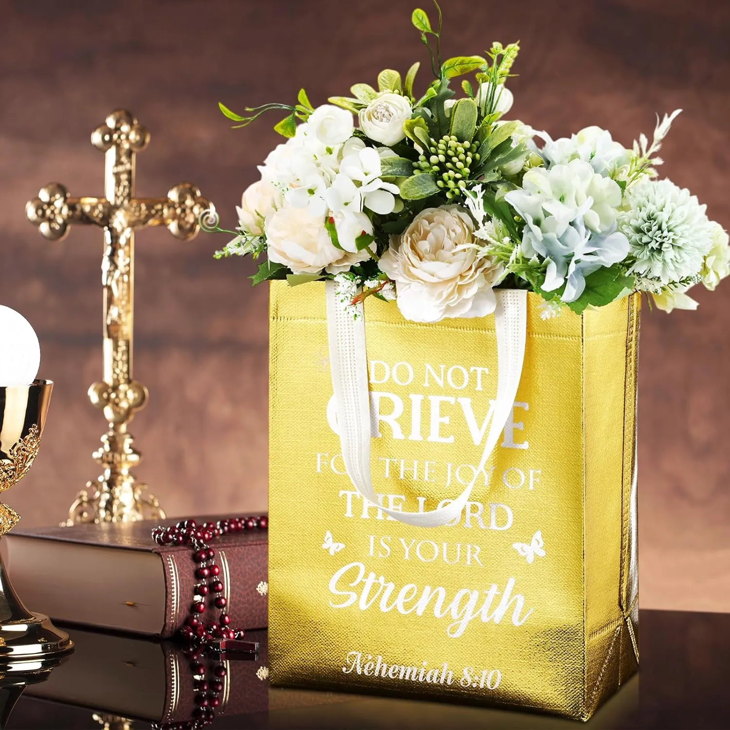 Talltalk 50 Pcs Christian Gift Bag Bulk Reusable Bible Verse Tote Religious Church Bags for Fathers Day Sunday School Gift(Gold,Medium)