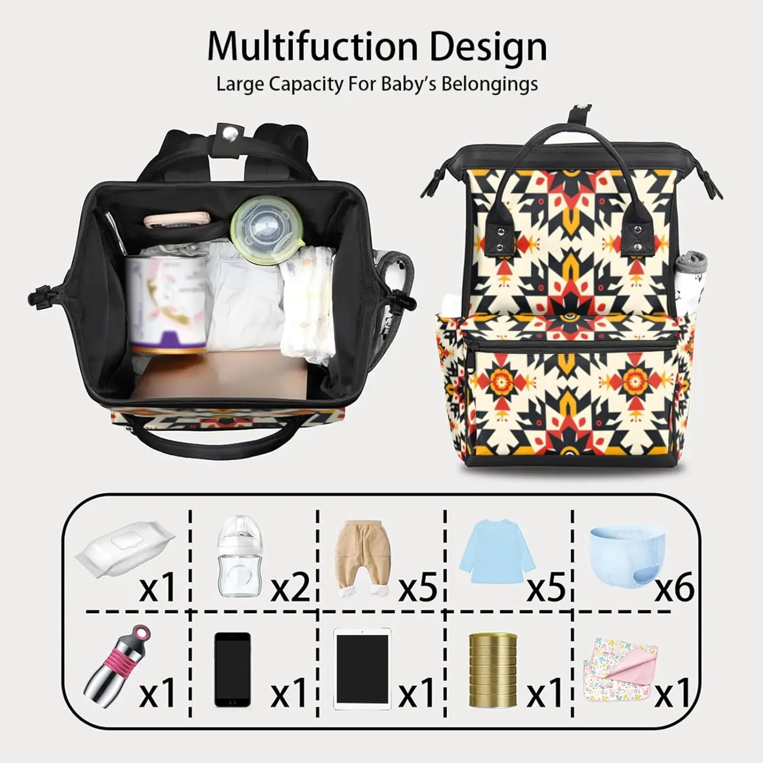 Tavisto Geometric Flower Fun Double Shoulder Mommy Bag for Women, Polyester Large Capacity Diaper Backpack with Multi Pockets, Waterproof Adjustable Straps Diaper Bag for Moms Dads, 11''×7''×15.7''
