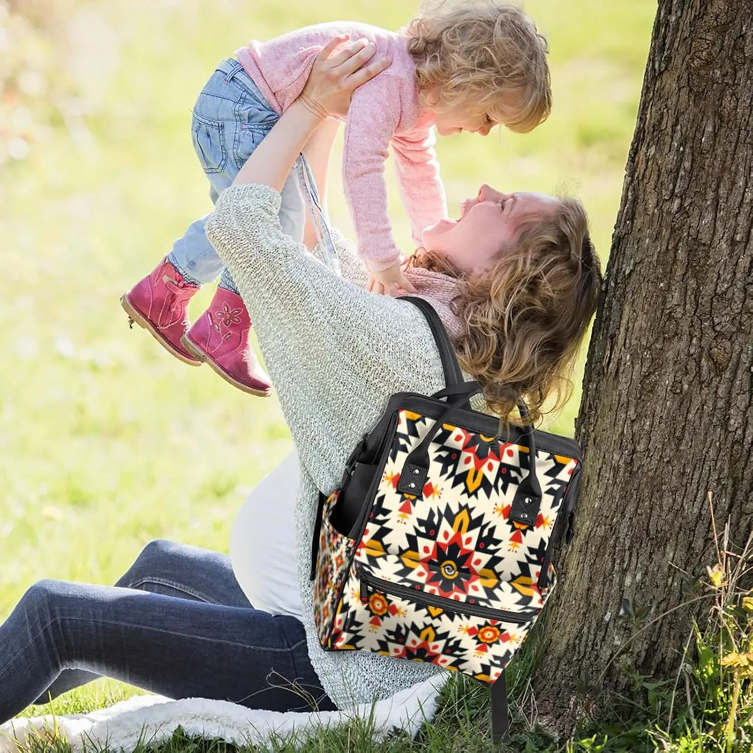 Tavisto Geometric Flower Fun Double Shoulder Mommy Bag for Women, Polyester Large Capacity Diaper Backpack with Multi Pockets, Waterproof Adjustable Straps Diaper Bag for Moms Dads, 11''×7''×15.7''