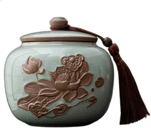 Tea Canister Ru Kiln Ceramic Tea Canister With Sealed Lid And Tassel Chinese Vintage Coffee Tea Nut Storage Tin Tea Tin(Blue)
