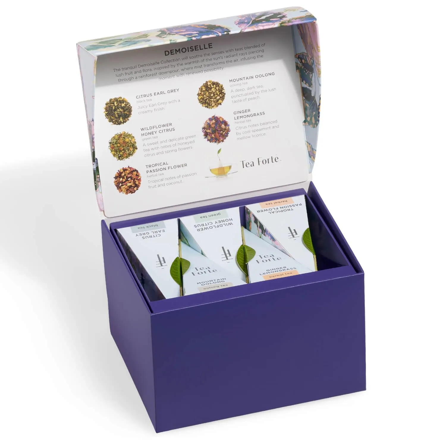 Tea Forte Demoiselle 3-Piece Premium Mother's Day Tea Gift Set with Indigo Cafe Cup and Lid, Tea Tray and 10 Count Mini Presentation Box, 2 of Each Blend Handcrafted Pyramid Infuser Tea Bags