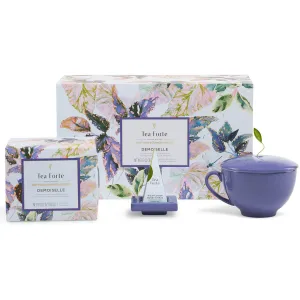 Tea Forte Demoiselle 3-Piece Premium Mother's Day Tea Gift Set with Indigo Cafe Cup and Lid, Tea Tray and 10 Count Mini Presentation Box, 2 of Each Blend Handcrafted Pyramid Infuser Tea Bags